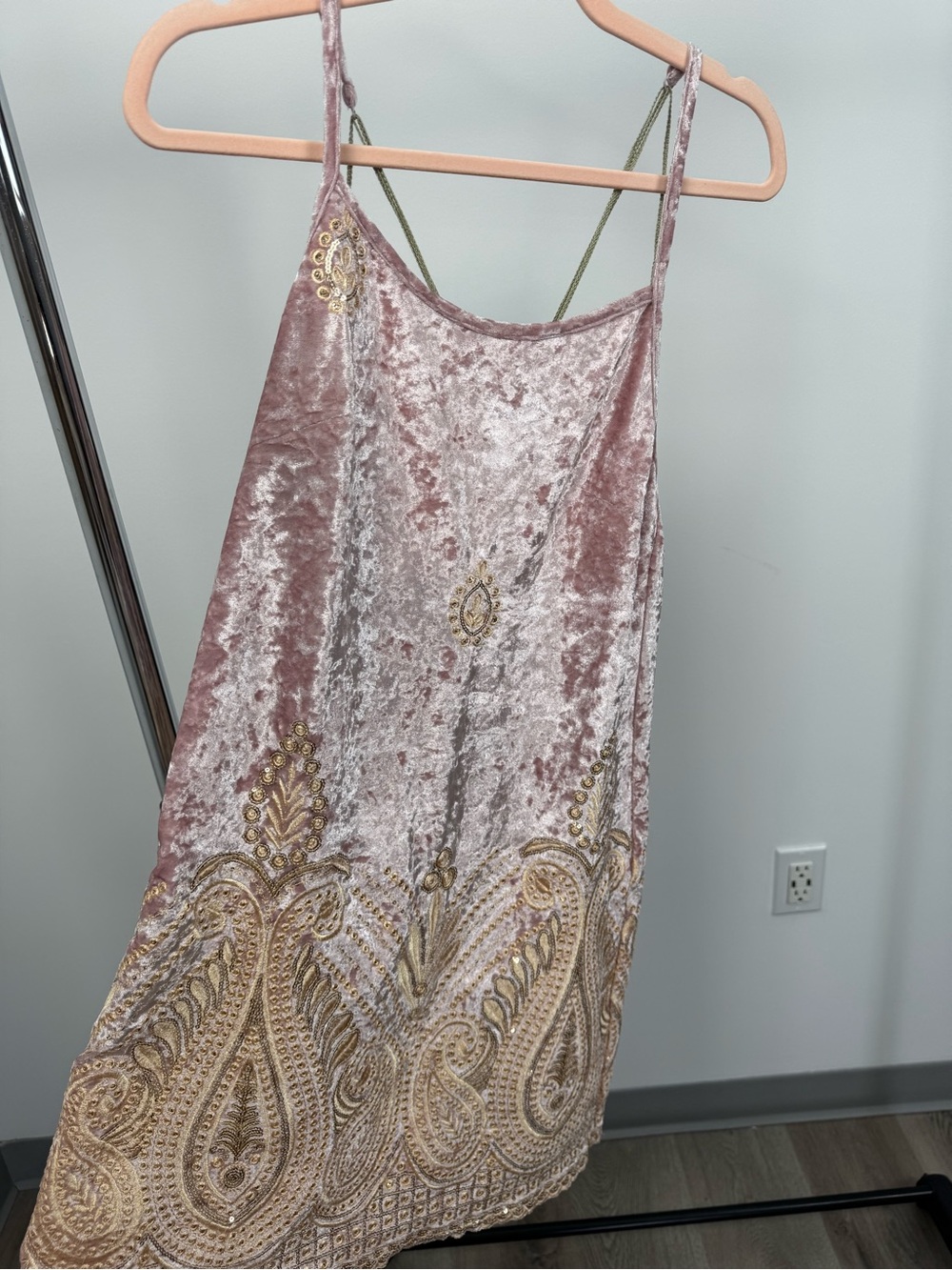 PINK Victoria's Secret Blush Pink Velvet Slip with Gold Embroidery